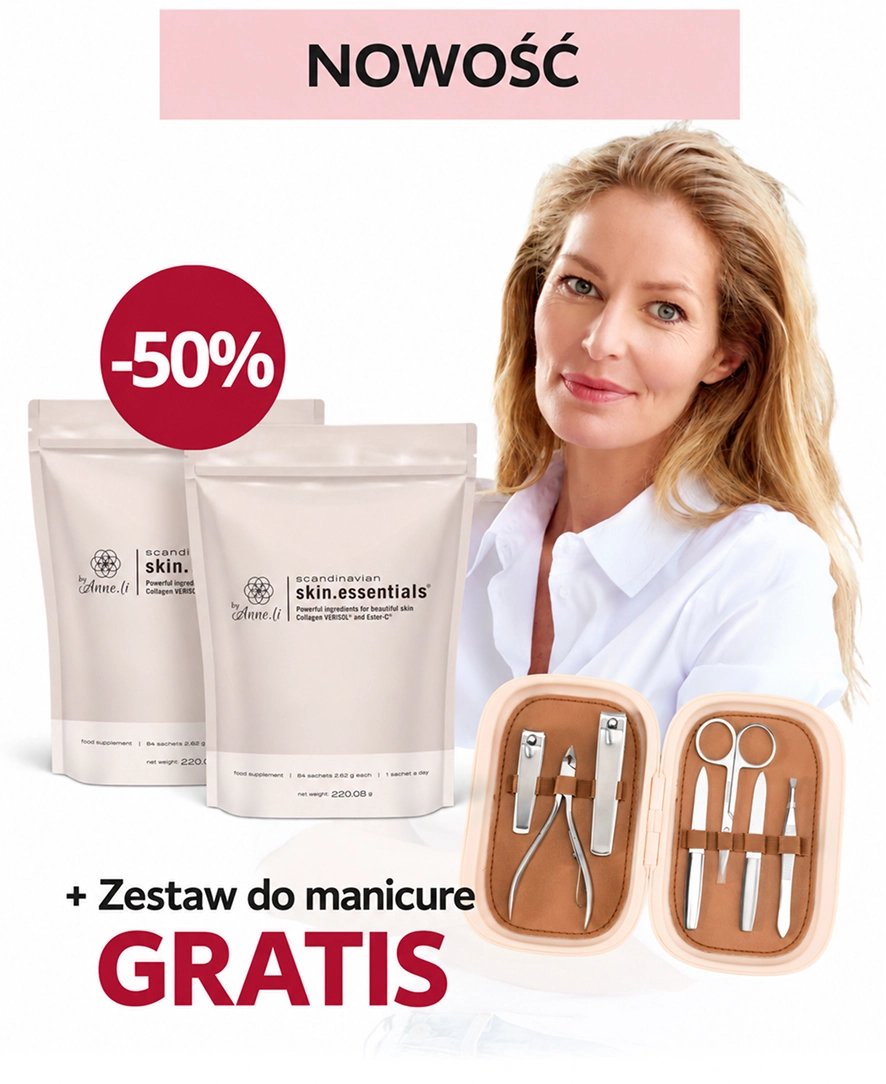 Natural Pharmaceuticals skin.essentials byAnne.li® Kobieta z blond włosamina tle opakowań suplementu diety skin.essentials byAnne.li® oraz zestawu do manicure
