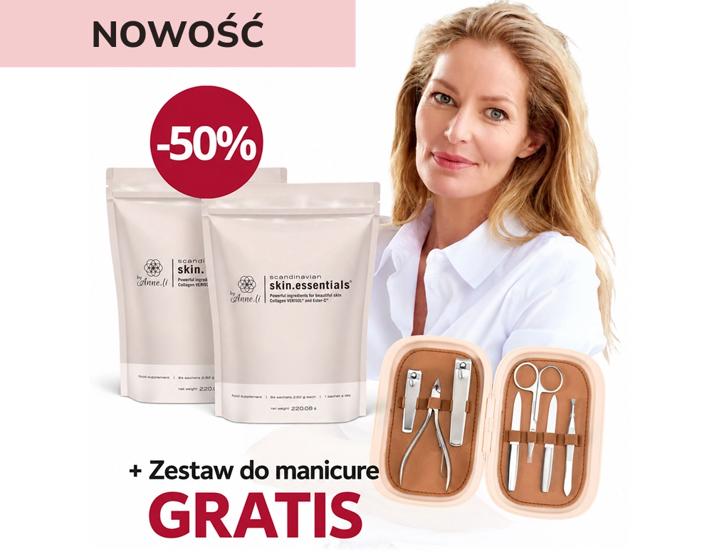 Natural Pharmaceuticals skin.essentials byAnne.li® Kobieta z blond włosamina tle opakowań suplementu diety skin.essentials byAnne.li® oraz zestawu do manicure