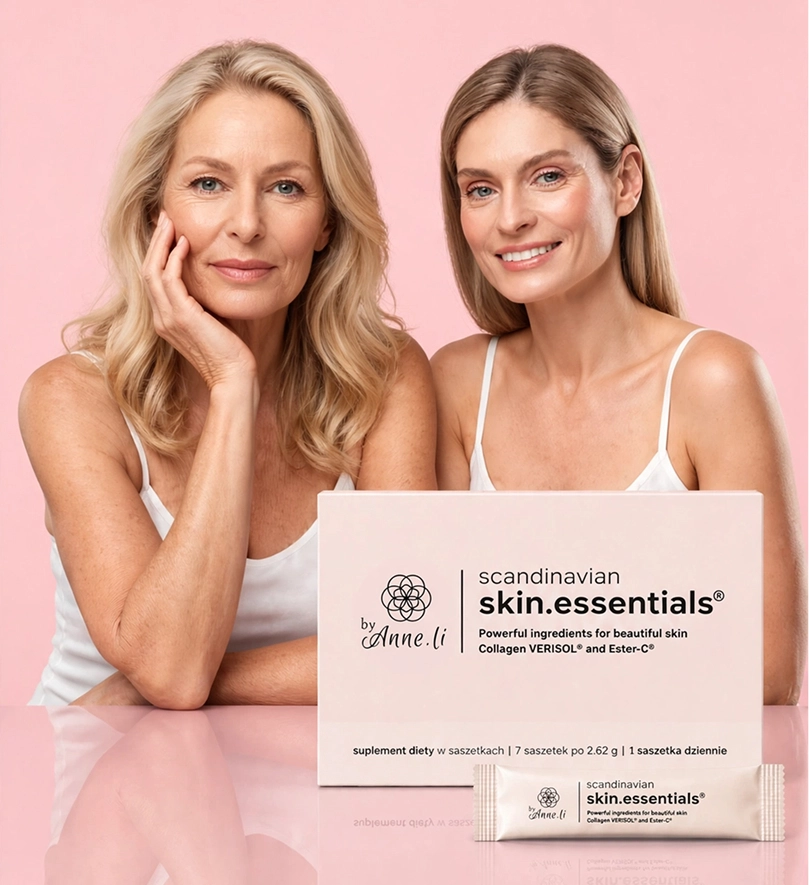 Natural Pharmaceuticals skin.essentials byAnne.li® Opakowanie suplementu diety skin.essentials byAnne.li® na tle dwóch kobiet