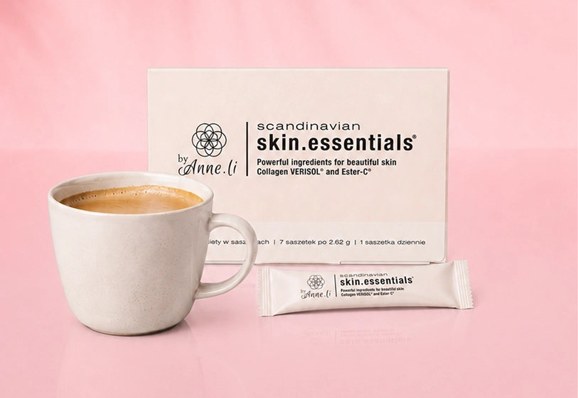 Natural Pharmaceuticals skin.essentials byAnne.li® Ilustracja przedtawiająca dwa opakowania saszetek suplementu diety skin.essentials byAnne.li® i sposób jego przygotowania